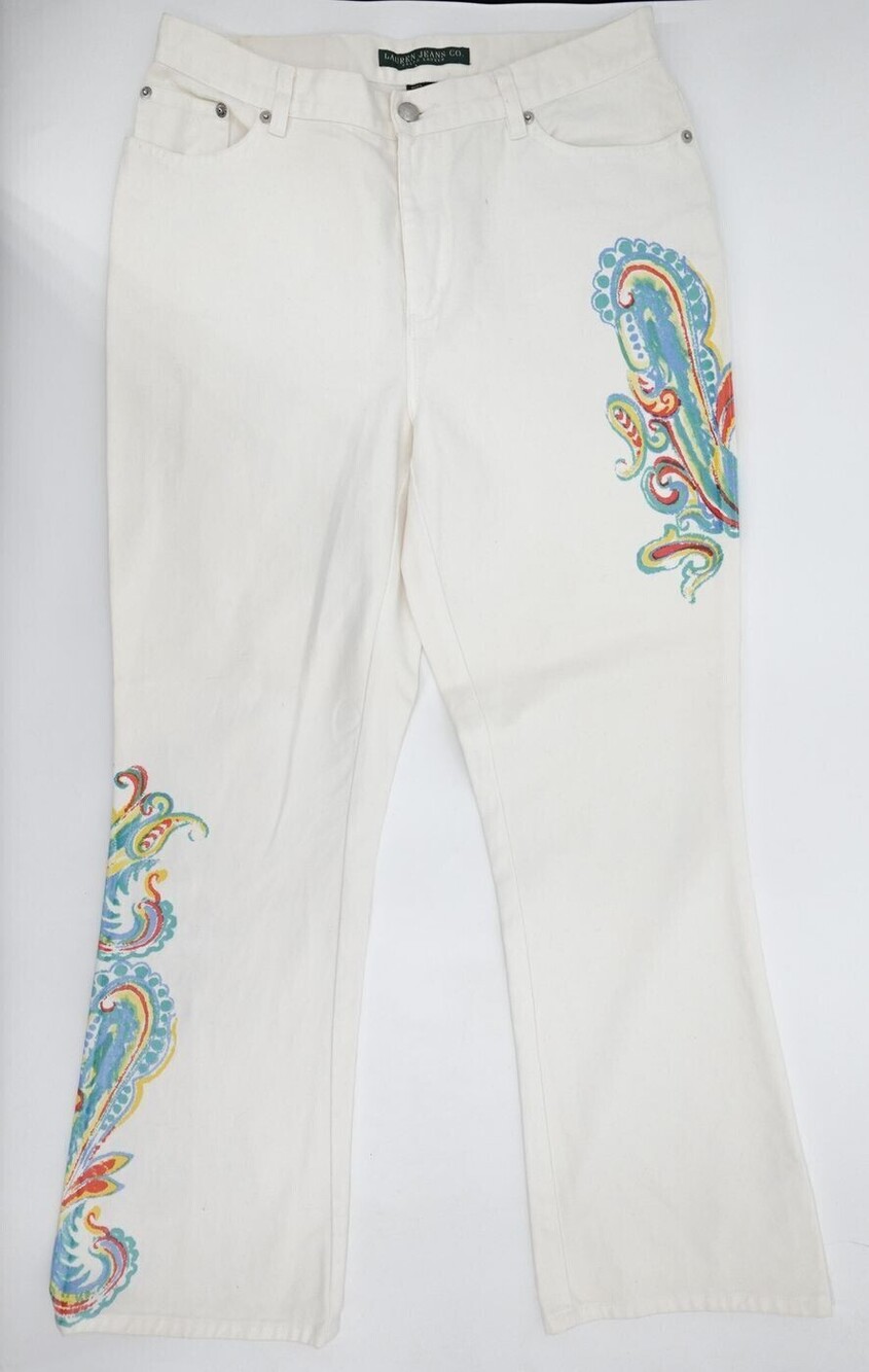 Lauren Jeans Co Ralph Lauren Jeans Womens 10 Ivory Paisley Embroidered Flare